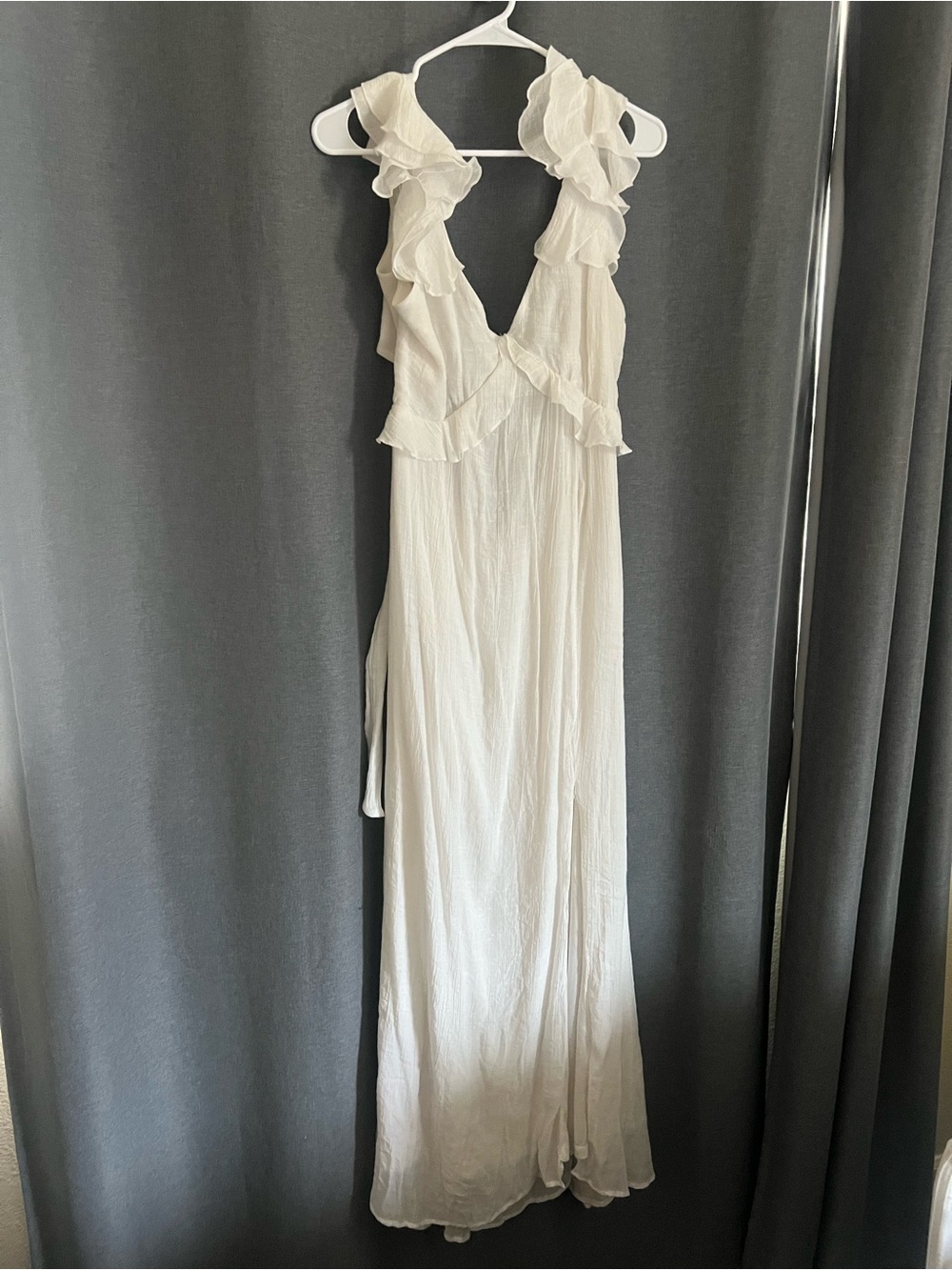 Blue Rain White Ruffle V-Neck Maxi Dress